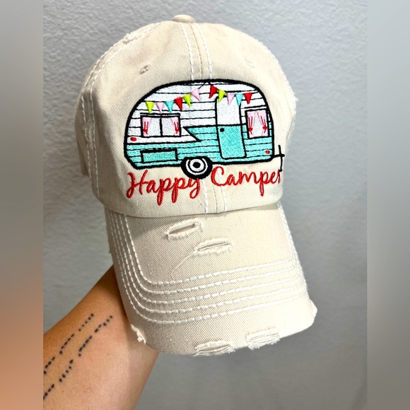 Kbethos distressed Beige Hat Cap Happy Camper Worn Excellent. Adjustable strap. - Picture 1 of 8